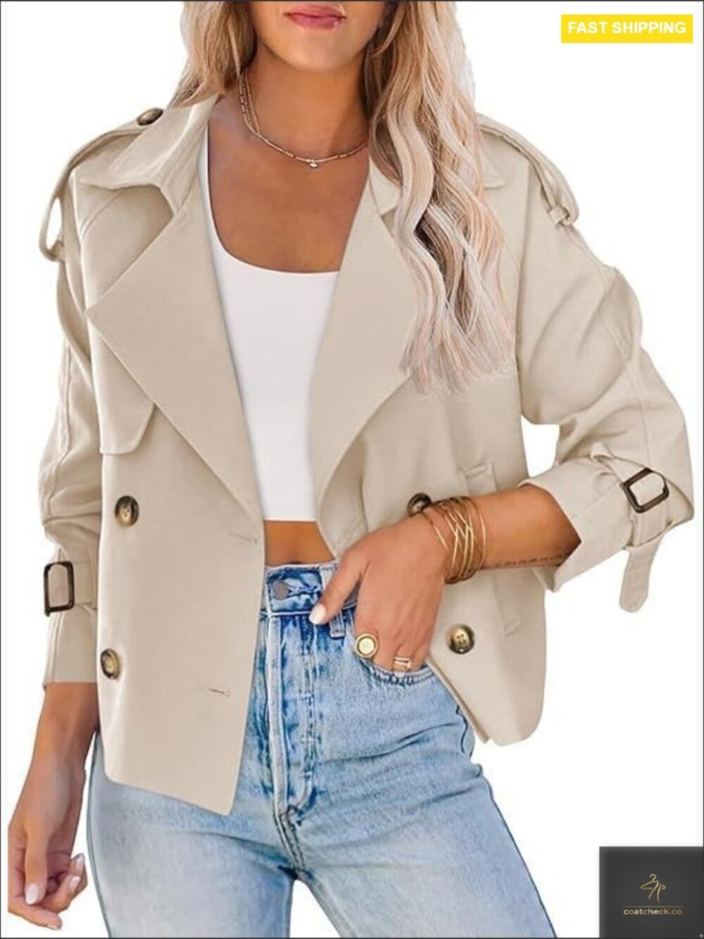 Cropped Trench Coat Double-Breasted Classic Chic Fall Jacket Long Sleeve